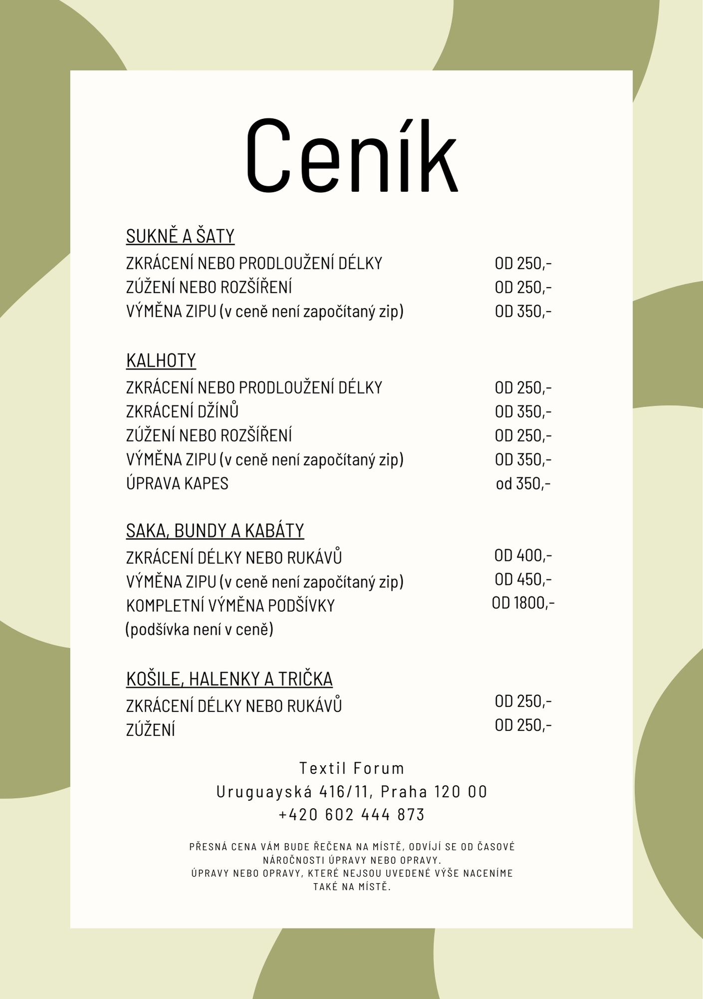 Ceník šití A5
